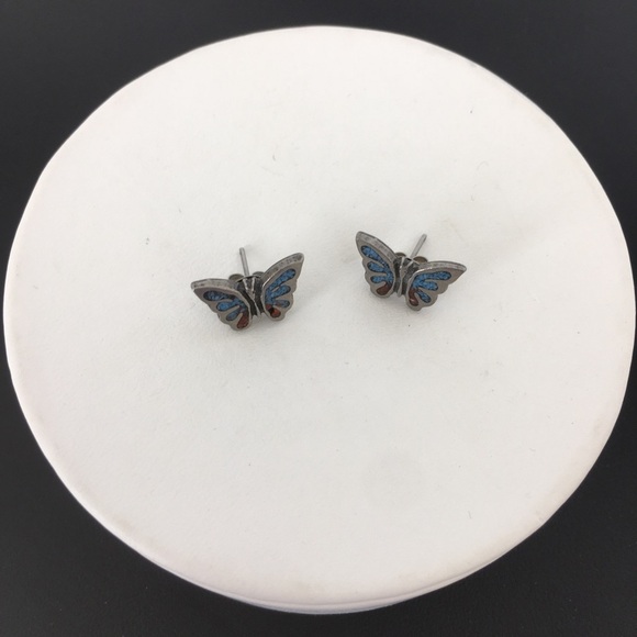 Vintage 80’s Turquoise Butterfly Stud Earrings Chip Inlay Boho Western Retro - Picture 4 of 11
